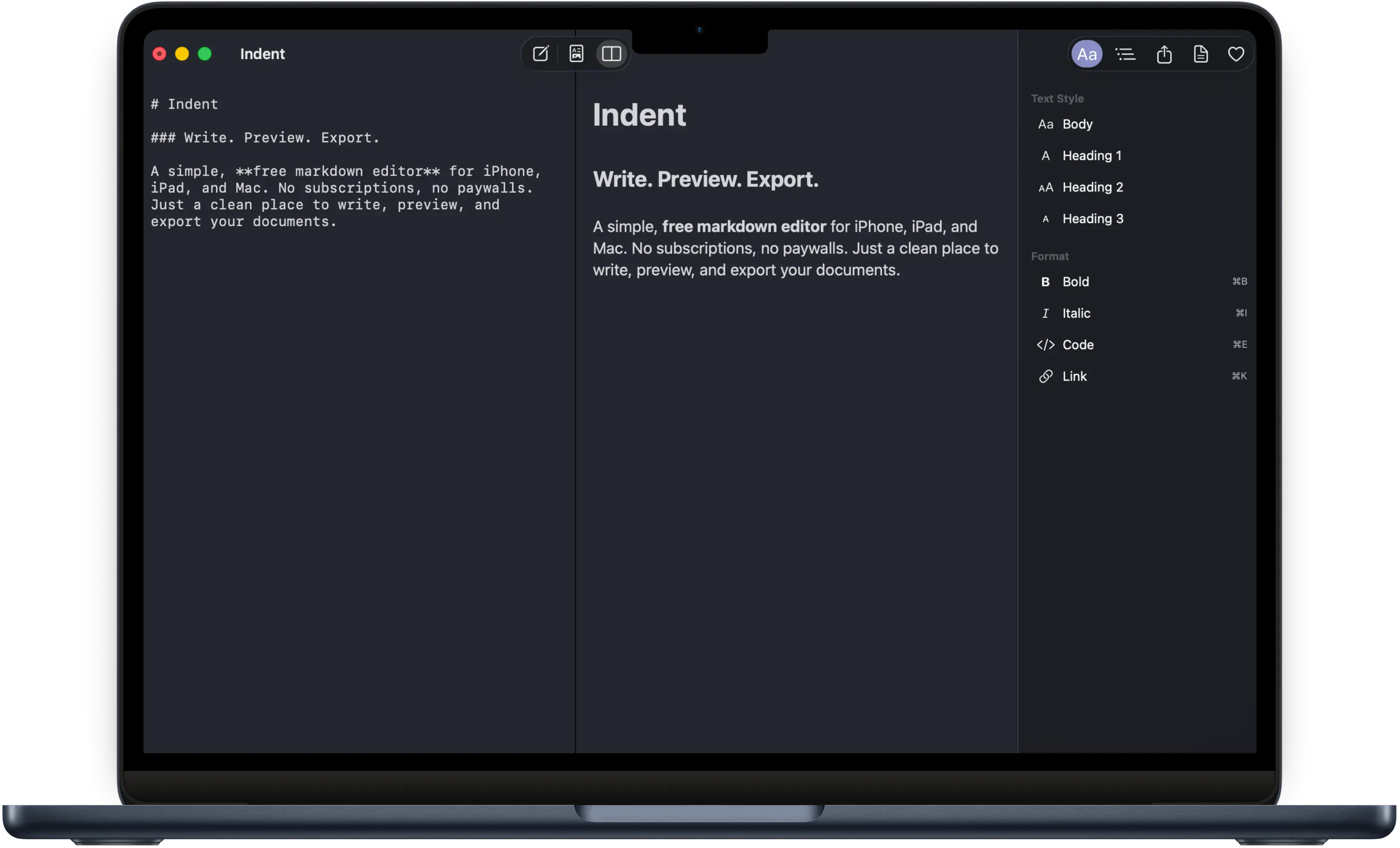 Indent markdown editor on macOS showing split view with editor and preview