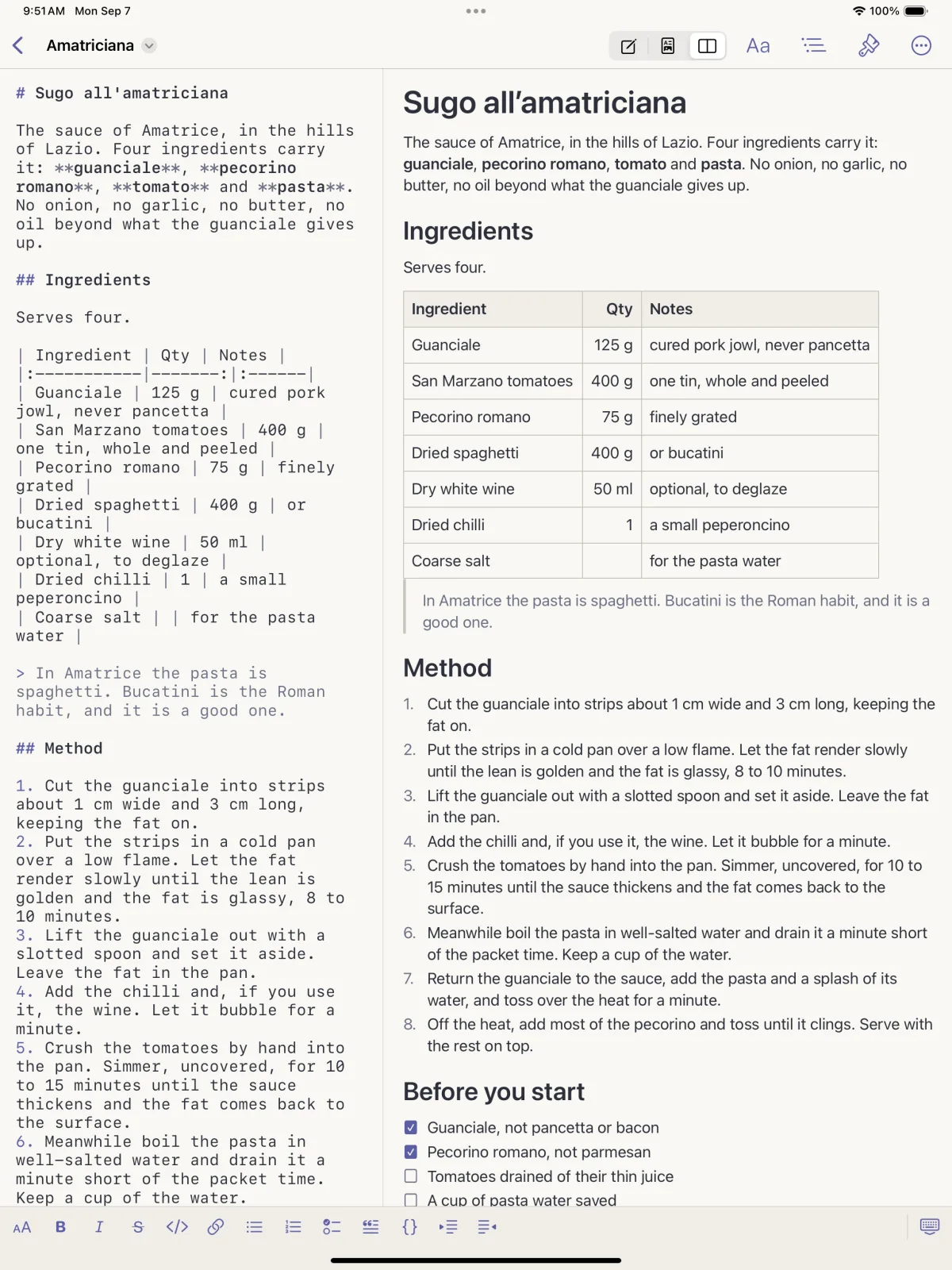 Indent på iPad i delt visning, med formateringslinjen over tastaturet