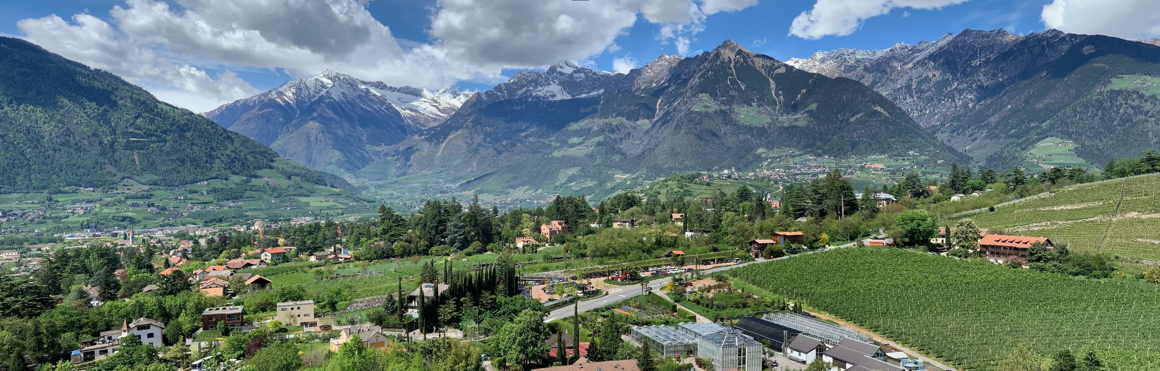 Meran from the Trauttmansdorff gardens in April 2019: the town below, the Texelgruppe with snow behind.