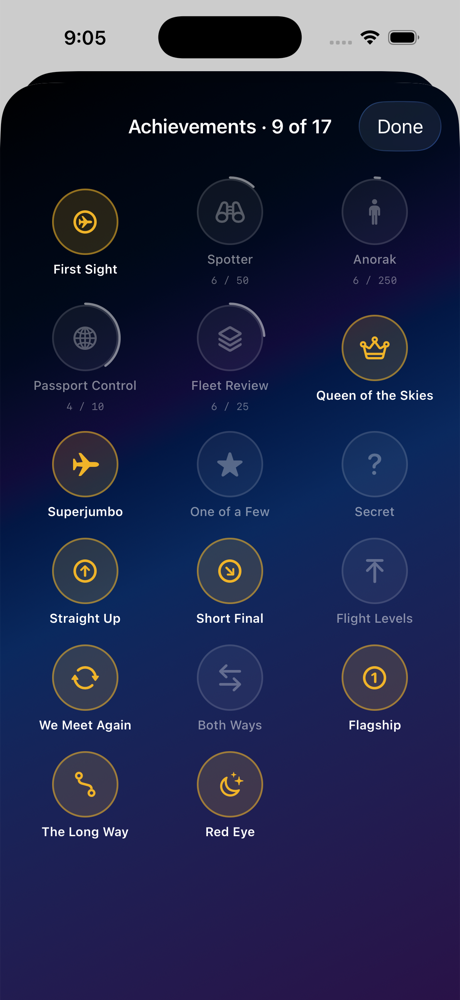 Nineteen achievements, from First Sight to Queen of the Skies