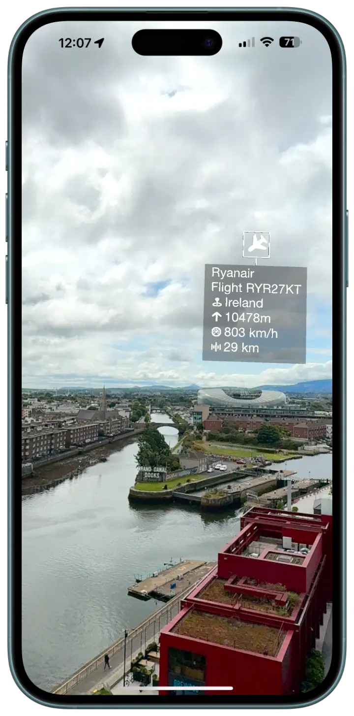 Plane and Simple iPhone app showing AR flight tracking interface