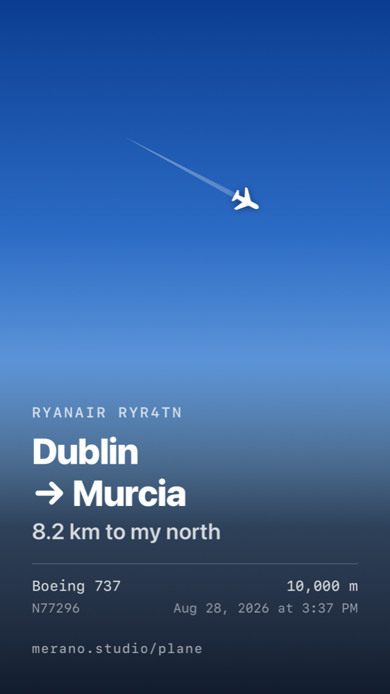 A share card made from a real sighting: Ryanair, Dublin to Murcia, 8.2 km to my north