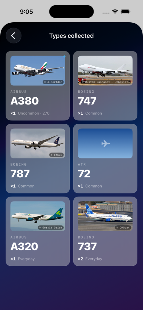 Aircraft types collected, each with a photograph of the airframe that was caught