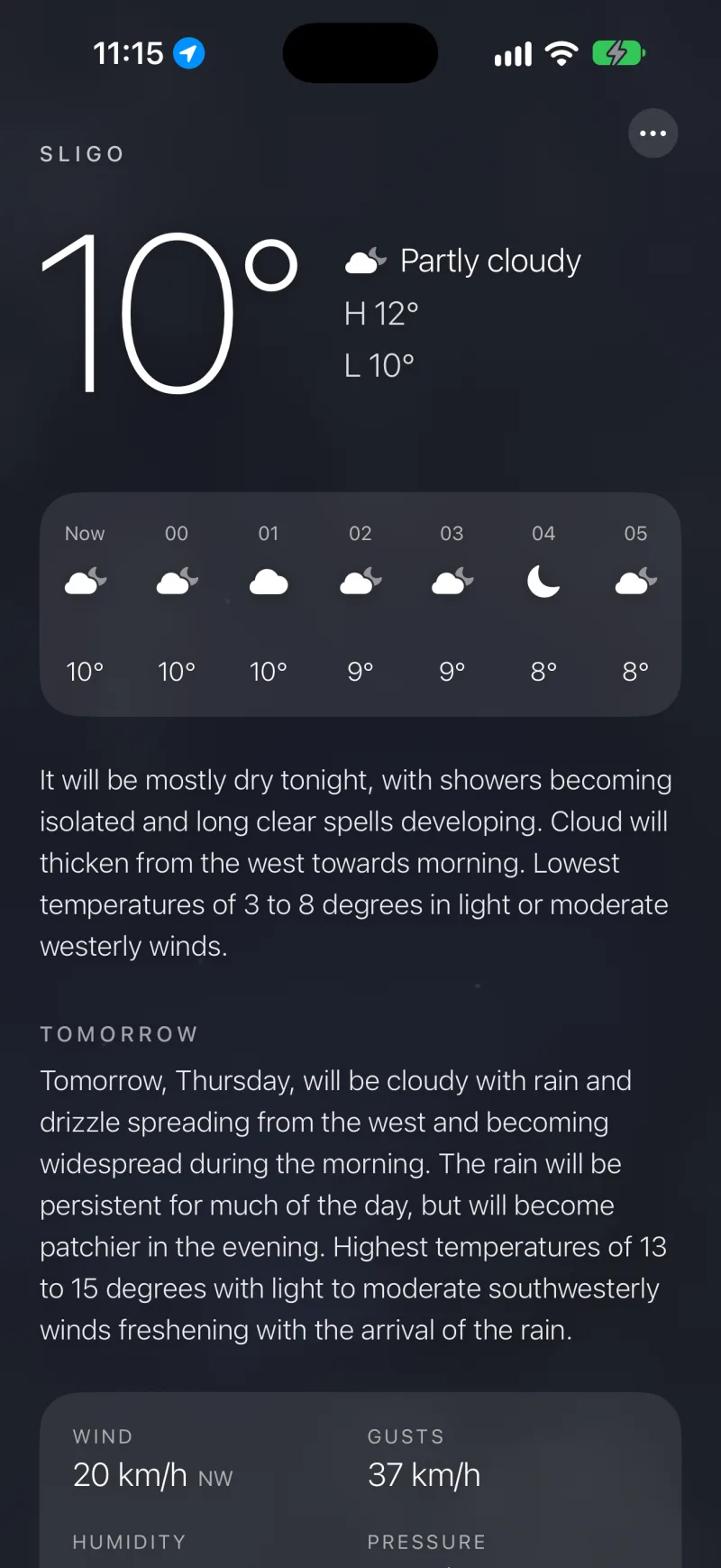 Sligo at 23:15, partly cloudy, 10 degrees