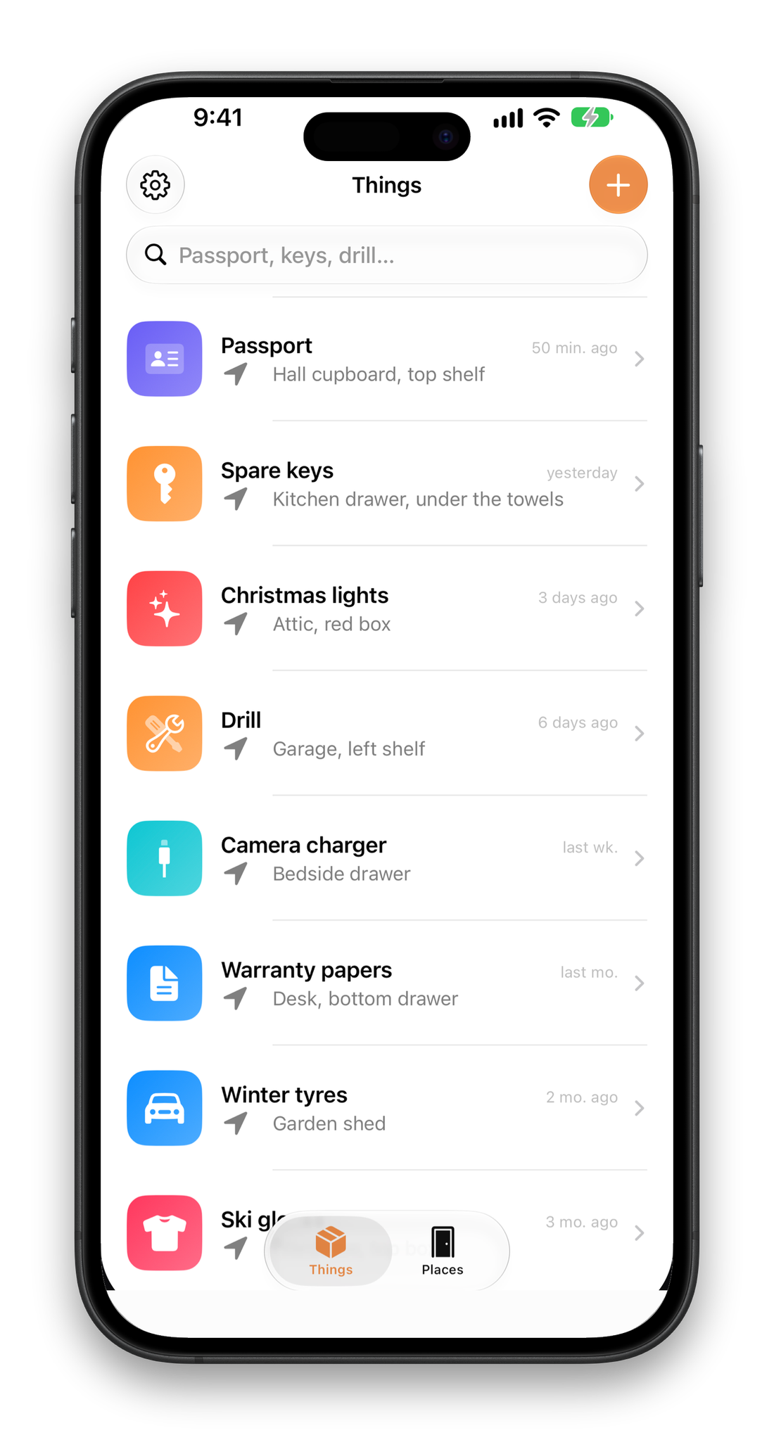 Thereabouts on an iPhone: a list of things, each with where it is